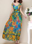 Shein Multicolor Off The Shoulder V Neck Backless Print Maxi Dress