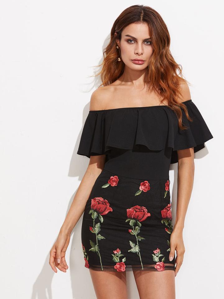Shein Embroidered Mesh Bottom Flounce Bardot Dress
