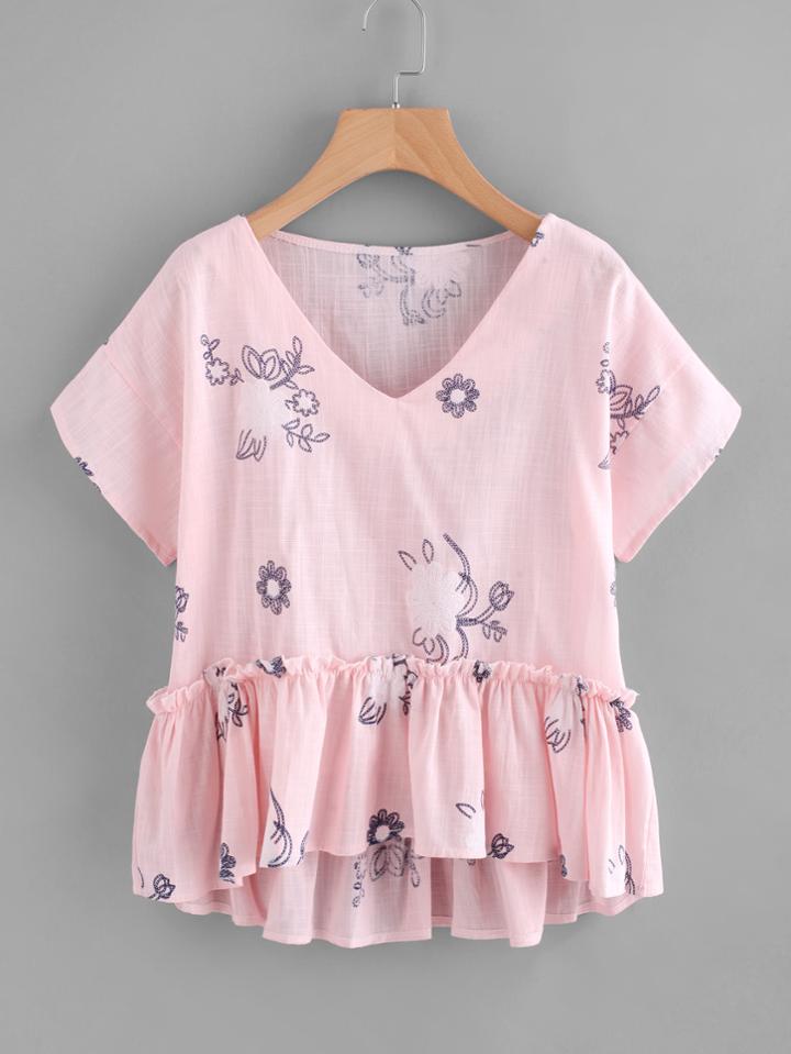 Shein V-neckline Florals Frill Hem Blouse