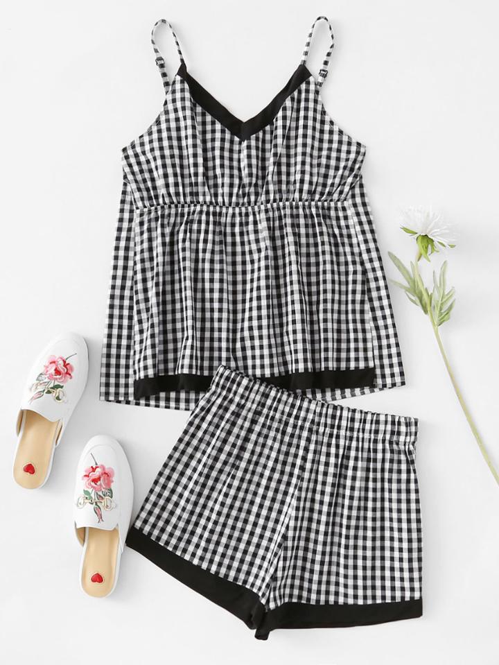 Shein Contrast Trim Gingham Cami Pajama Set