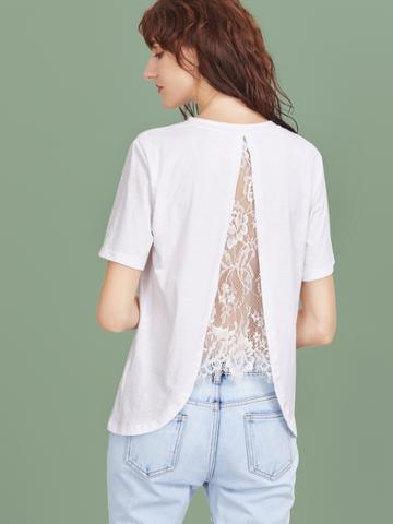 Shein White Lace Insert Split Back T-shirt
