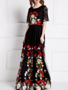 Shein Black Gauze Embroidered Belted Lace Maxi Dress