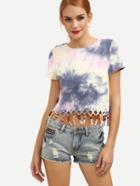 Shein Multicolor Ikat Print Beaded Fringe Short Sleeve T-shirt