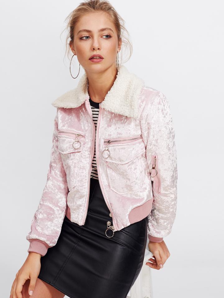 Shein Contrast Fluffy Lapel Velvet Jacket