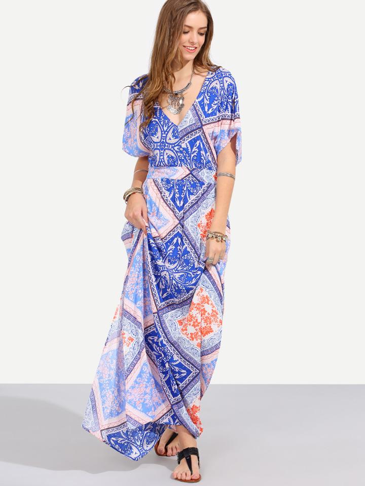 Shein Printed V-neckline Split Side Full Length Dress