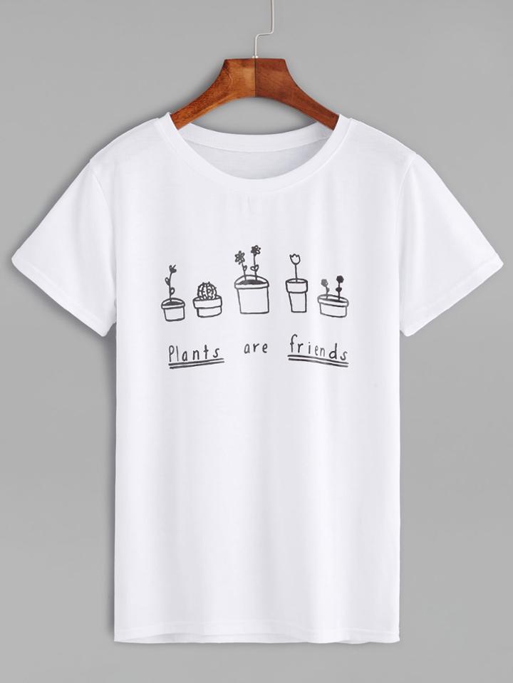 Shein White Plants And Letters Print T-shirt