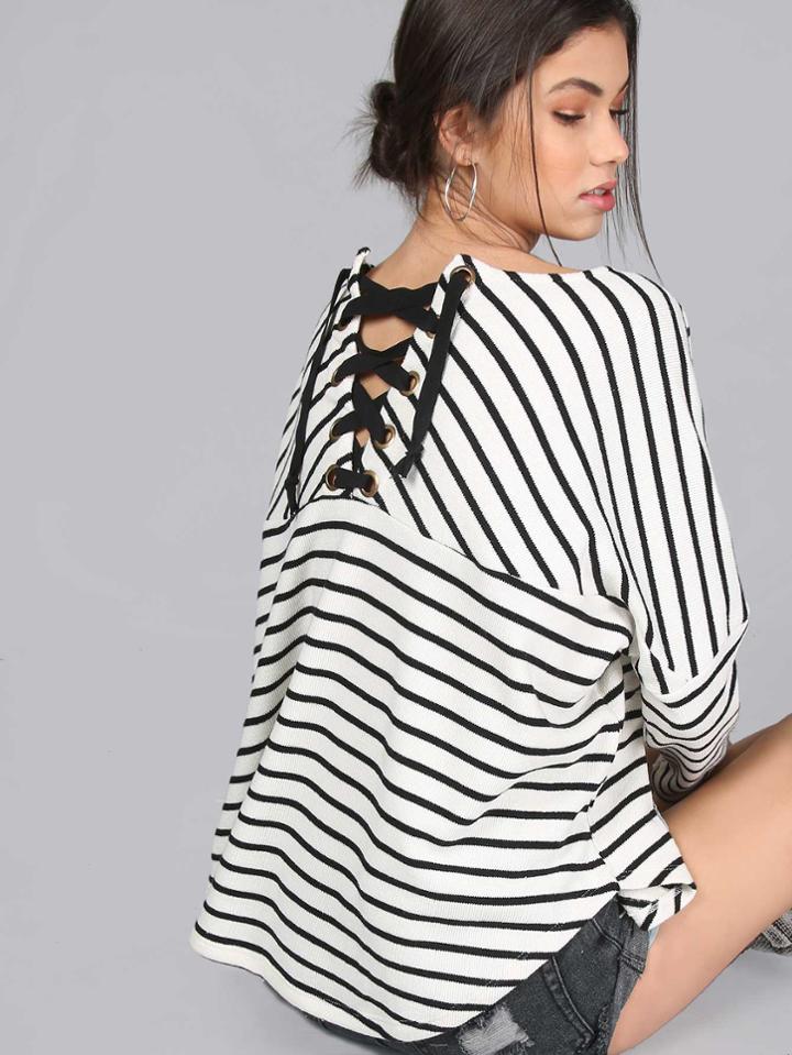 Shein Lace Up Dropped Shoulder Oversized Tee Ivory Multi