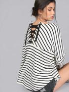 Shein Lace Up Dropped Shoulder Oversized Tee Ivory Multi