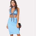 Shein Knot Stripe Choker Neck Crop Top & Pencil Skirt