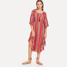 Shein Tassel Tie Lace Insert Bell Sleeve Dress