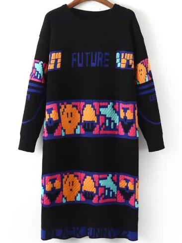 Shein Multicolor Round Neck Cartoon Print Sweater Dress