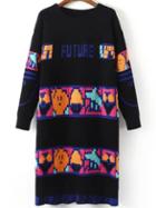 Shein Multicolor Round Neck Cartoon Print Sweater Dress