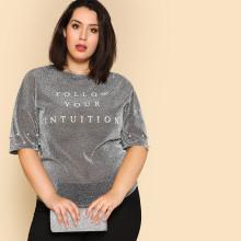 Shein Plus Letter Print Pearl Beaded Glitter T-shirt