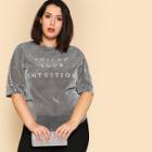 Shein Plus Letter Print Pearl Beaded Glitter T-shirt