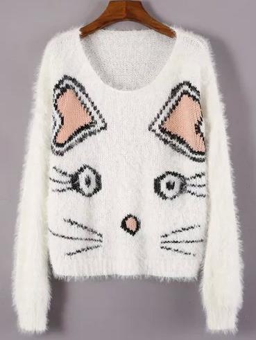 Shein White Round Neck Cat Print Crop Sweater