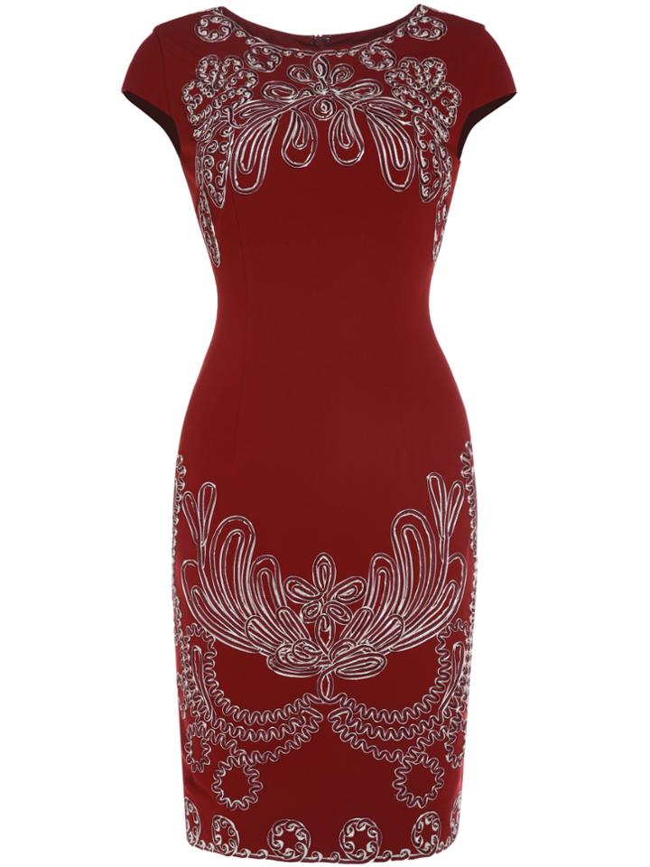 Shein Burgundy Cap Sleeve Disc Flowers Sheath Dress