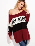 Shein Color Block Letter Pattern Boat Neck Sweater