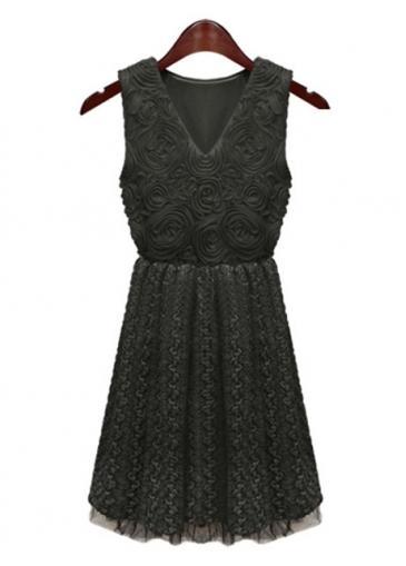 Rosewe Adorable Black V Neck Tank Dress With Rosette