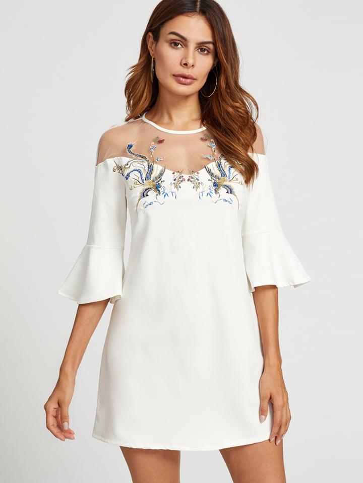 Shein Mesh Shoulder Bell Sleeve Embroidered Dress