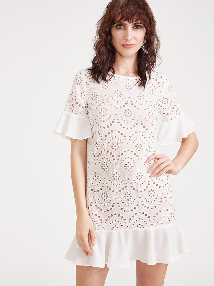 Shein White Ruffle Cuff And Hem Eyelet Embroidered Dress