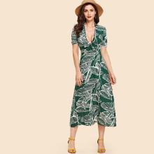 Shein Palm Print Tie Neck Dress