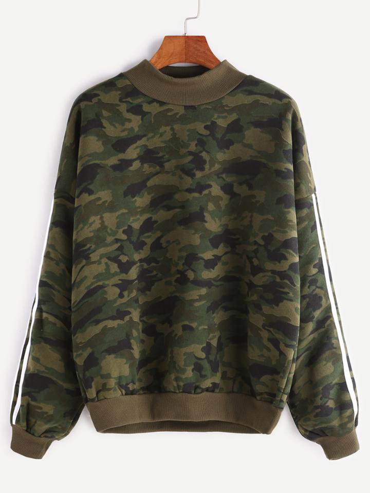 Shein Contrast Ribbed Trim Drop Shoulder Striped Sleeve Camo Sweatshirt