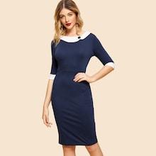 Shein Contrast Collar Button Decoration Dress