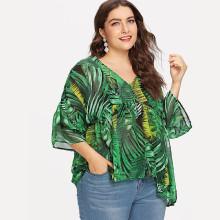 Shein Plus Leaf Print V-neckline Top