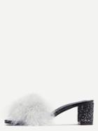 Shein White Glitter Sequin Feather Mule Heeled Sandals
