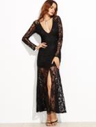 Shein Black Deep V Neck Slit Front Lace Overlay Dress