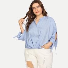 Shein Plus Boxed Pleated Front Dip Hem Plaid Blouse