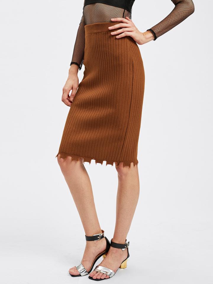 Shein Rib Knit Raw Edge Pencil Skirt