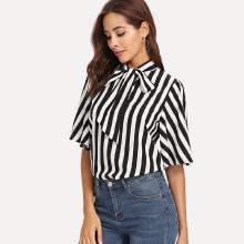 Shein Tie Neck Flutter Sleeve Striped Top