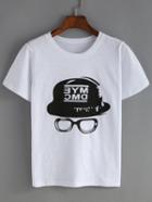 Shein White Crew Neck Hat Glasses Print T-shirt