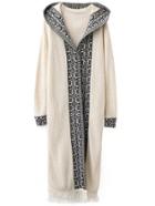 Shein White Tribal Pattern Fringe Hem Hooded Long Cardigan