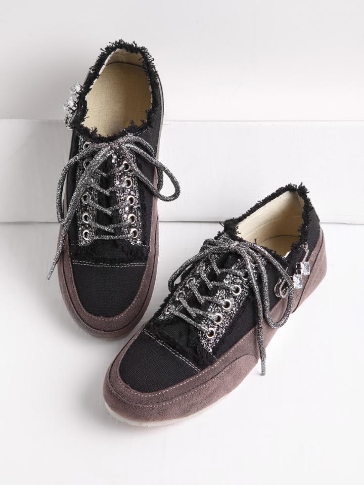 Shein Rhinestone And Pin Detail Lace Up Sneakers