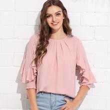 Shein Pleated Neck Ruffle Sleeve Top