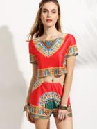Shein Red Tribal Print Crop Top With Shorts