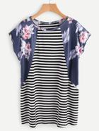 Shein Contrast Florals Panel Dolman Sleeve Striped Tee