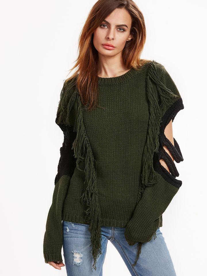 Shein Olive Green Fringe Trim Contrast Ripped Sleeve Sweater