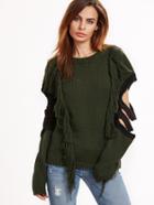 Shein Olive Green Fringe Trim Contrast Ripped Sleeve Sweater