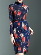 Shein Navy Ruffle Collar Long Sleeve Elastic Waist Print Dress