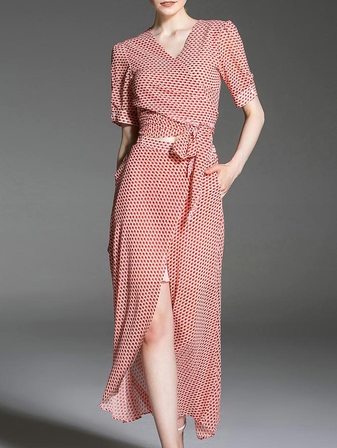 Shein Red V Neck Polka Dot Top With Split Skirt