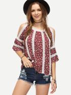 Shein Burgundy Split Sleeve Flower Print Blouse