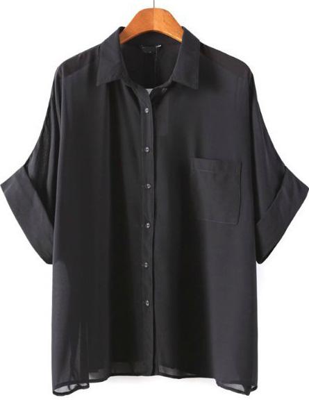 Shein Black Lapel Batwing Sleeve Pocket Blouse