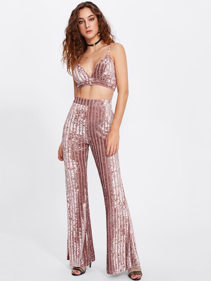 Shein Zip Back Crushed Velvet Bra & Flare Pants Set