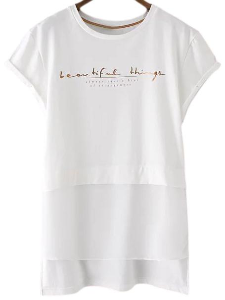 Shein White Dip Hem Chiffon Splicing Letters Bronzing T-shirt