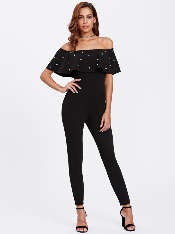 Shein Pearl Detail Flounce Off Shoulder Skinny Jumpsuit