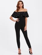 Shein Pearl Detail Flounce Off Shoulder Skinny Jumpsuit