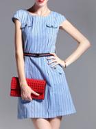 Shein Blue Belted Striped Pockets A-line Dress